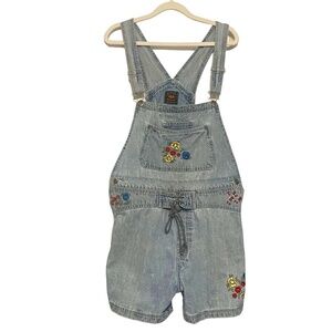 Route 66 Vintage 90's Y2K Denim Jean Overall Shorts Floral Embroidery‎ Size L